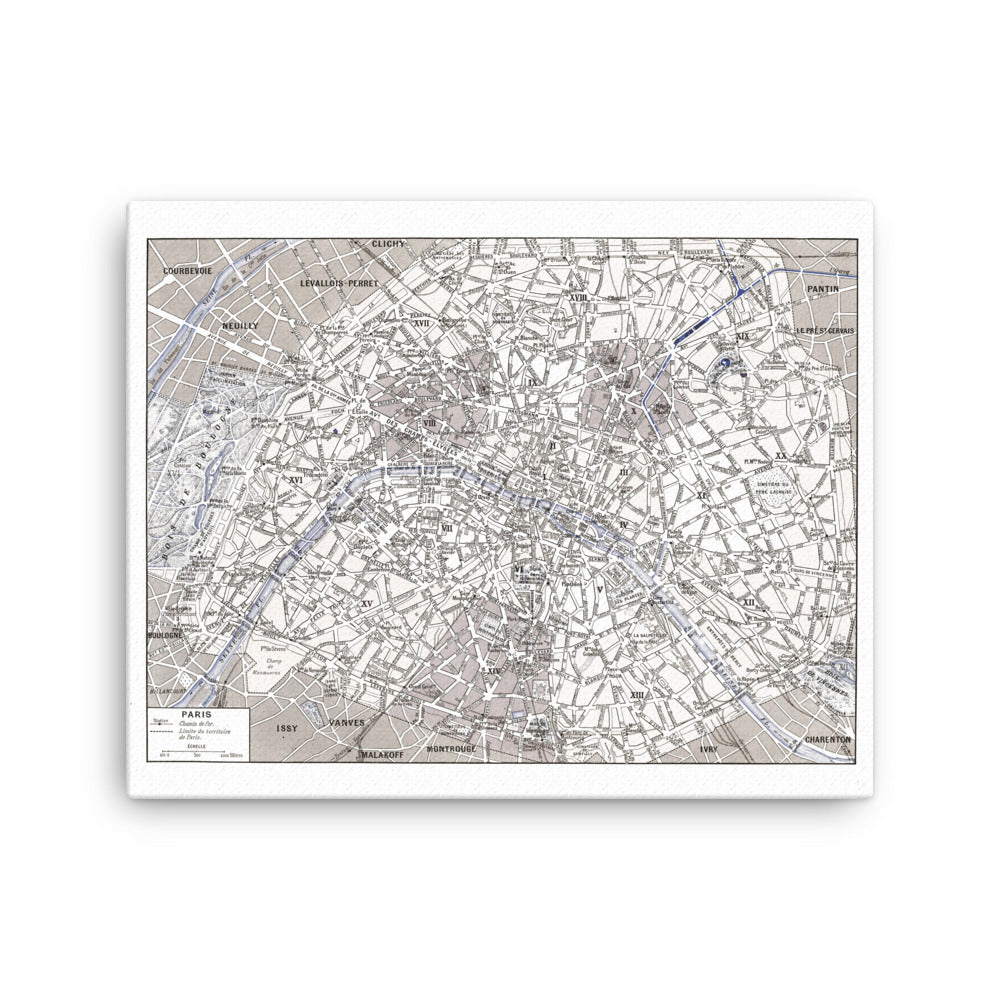Sepia Paris map stretched canvas poster