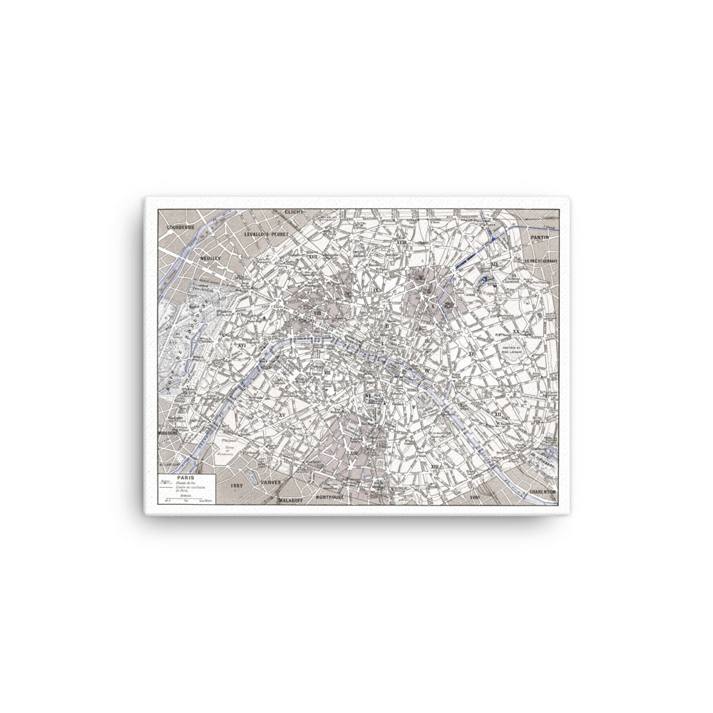 Sepia Paris map stretched canvas poster