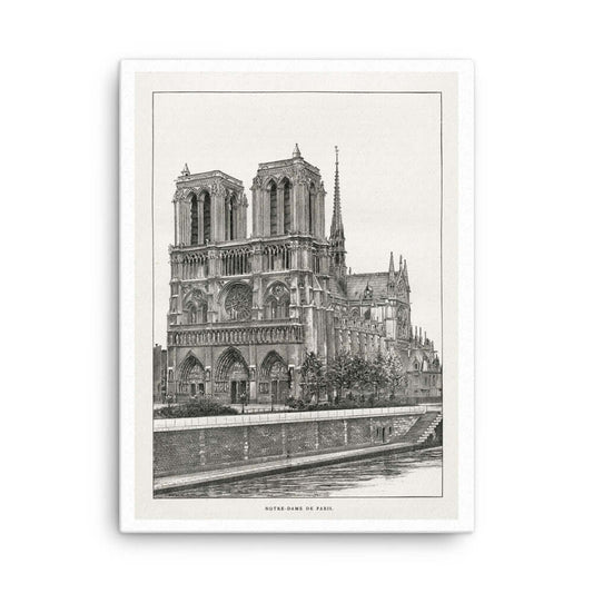 large black and white poster of cathedral notre dame de paris and the seine river