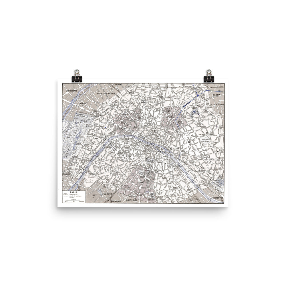 Large sepia & blue Paris map poster