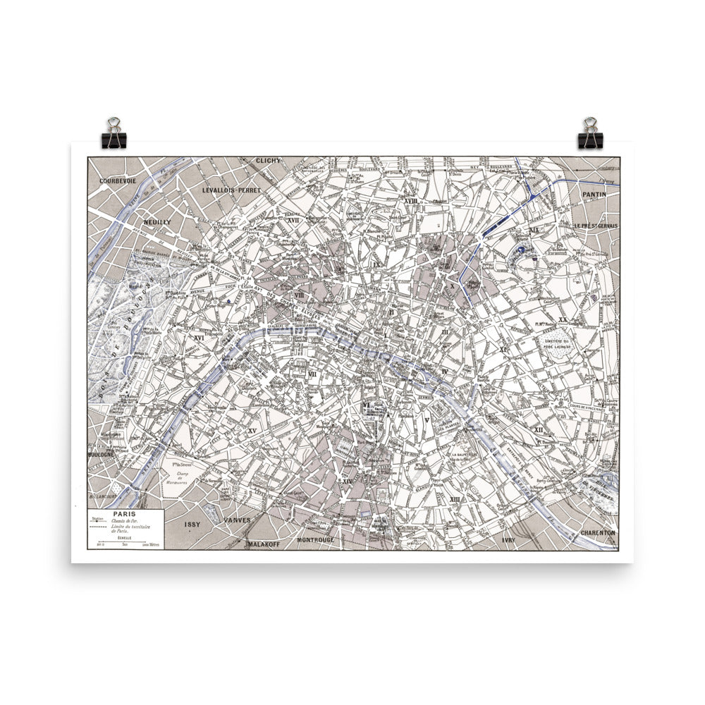 Large sepia & blue Paris map poster